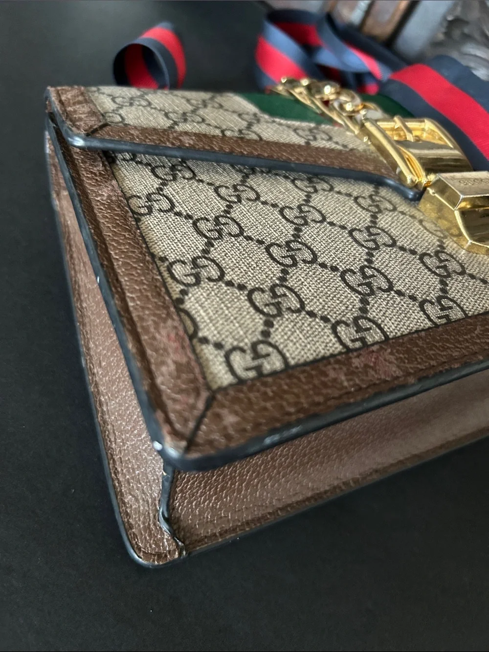 Beautiful Beige Crossbody with Green and Red-Blue Web Strap